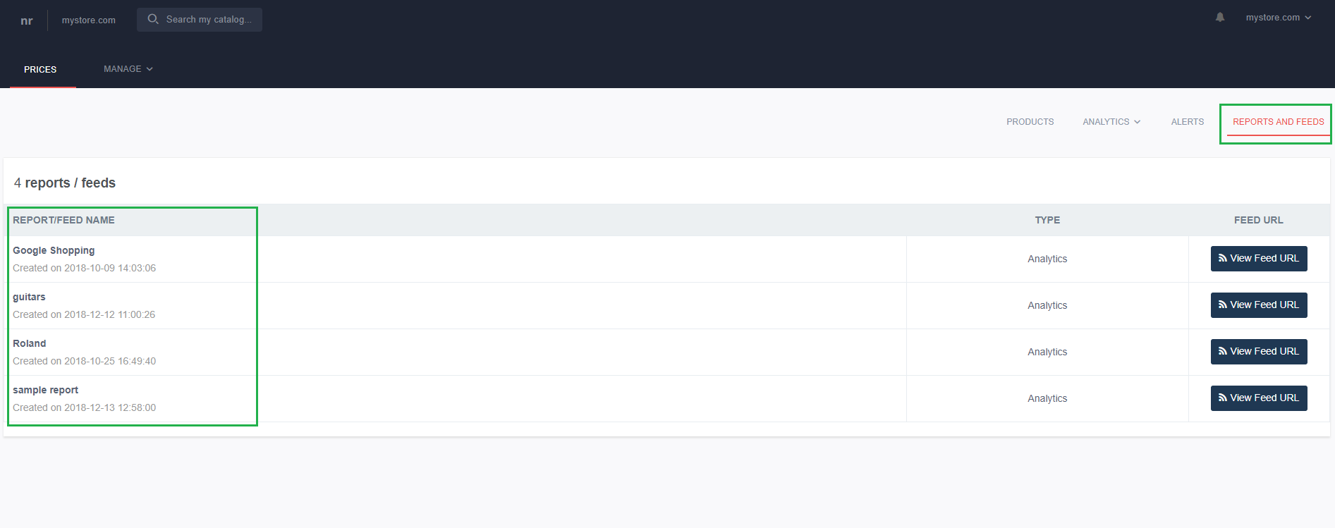 Reports and Feeds page
