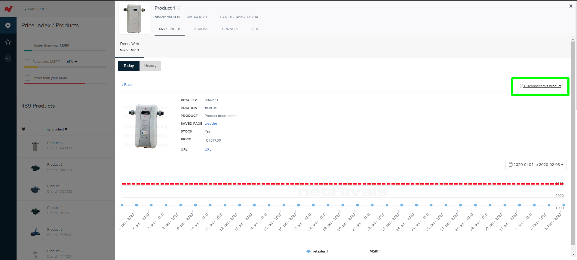 Postions tab within product detail page